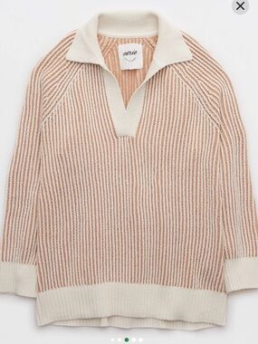 aerie Cream and Tan Striped Knit Sweater with Contrast Collar